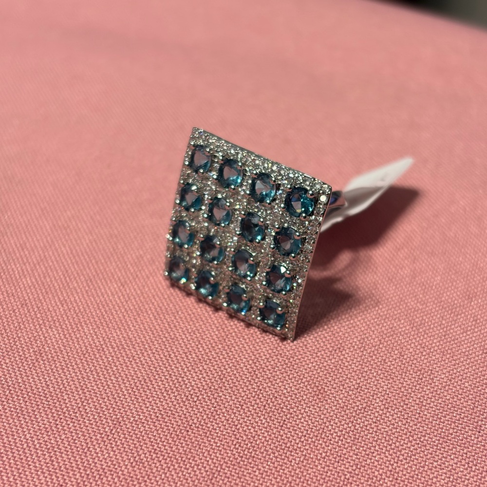 Sterling silver blue topaz white cz ring size 7